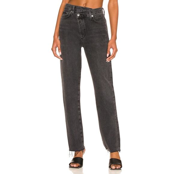 Agolde Revole Black Criss Cross Asymmetrical Straight Leg High Rise Jeans Sz 26 - Picture 2 of 9